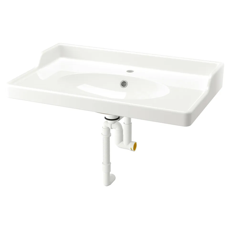 White RUTSJÖN rectangular wash-basin with curves, wall-mounted and backsplash.