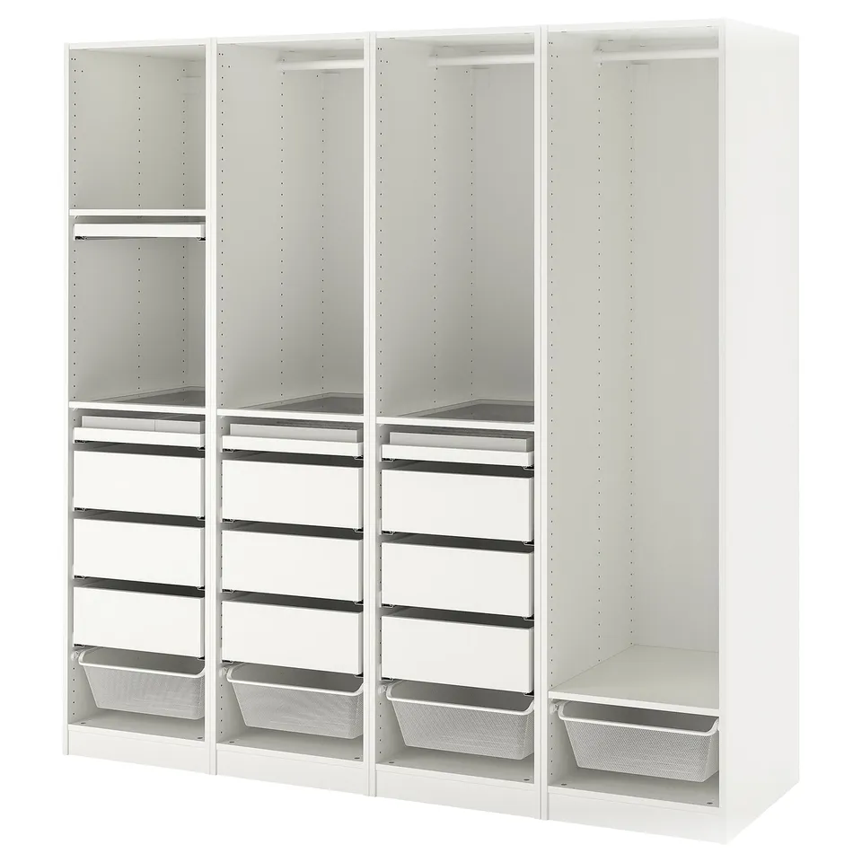 A white ikea PAX wardrobe, featuring open shelves and compartments, with metallic mesh baskets and pull-out trays.