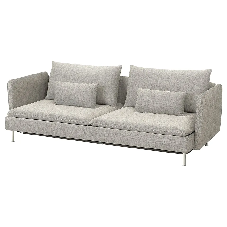 SÖDERHAMN sofa bed in grey fabric with slim, modern design, soft cushions, and convertible seating.