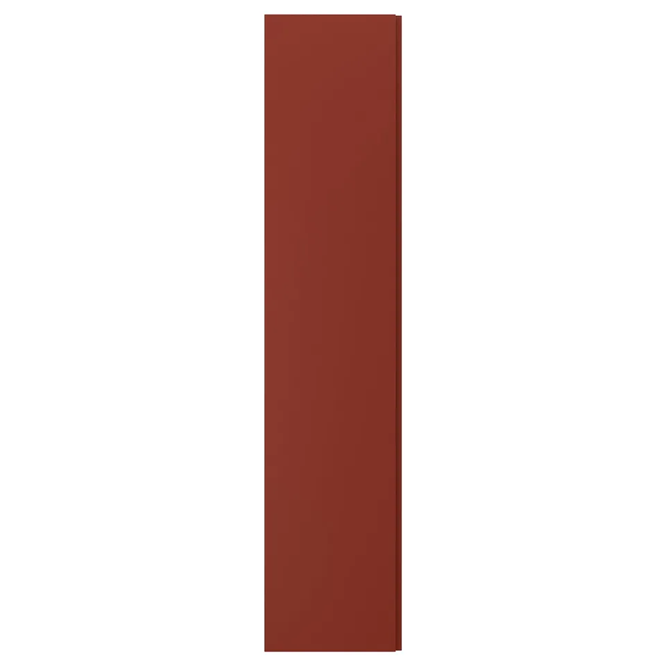 Depicts a vertical, rectangular brown cabinet door with a sleek, integrated side handle.