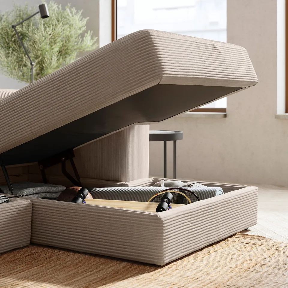 JÄTTEBO beige sofa with storage. Modern, modular design. Light wood, soft cushions.