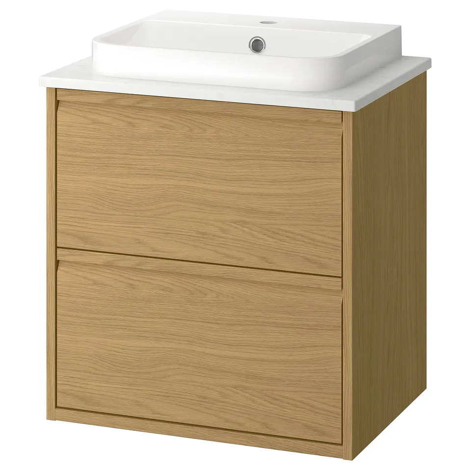 The ÄNGSJÖN light oak bathroom vanity a sleek, wall-mounted design with a white countertop and integrated handles.