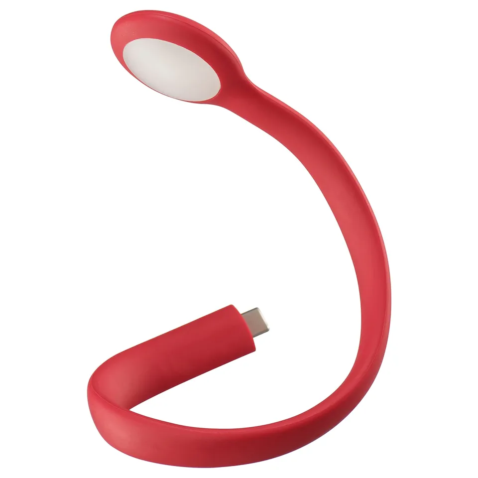A red HÖSTULOTA led lamp. Its slender, flexible, and made of thermoplastic elastomer.