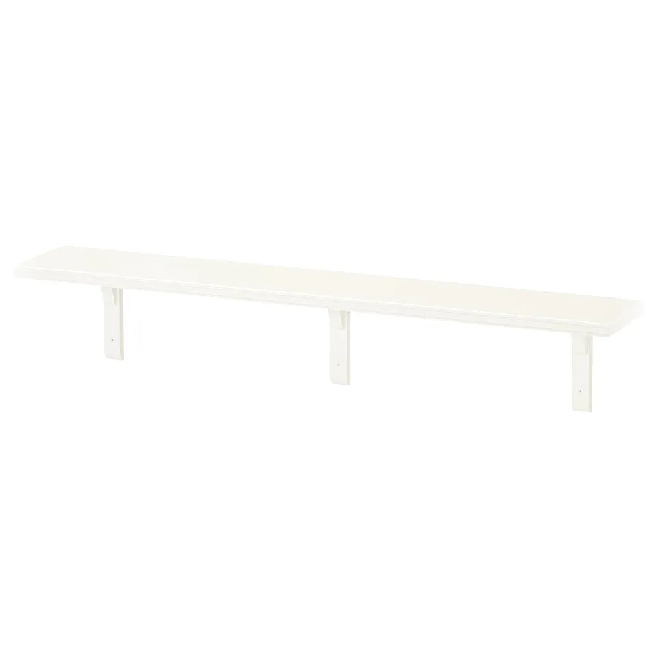 White BERGSHULT wall shelf, bevelled & smooth edges, particleboard, for bedroom or living room.