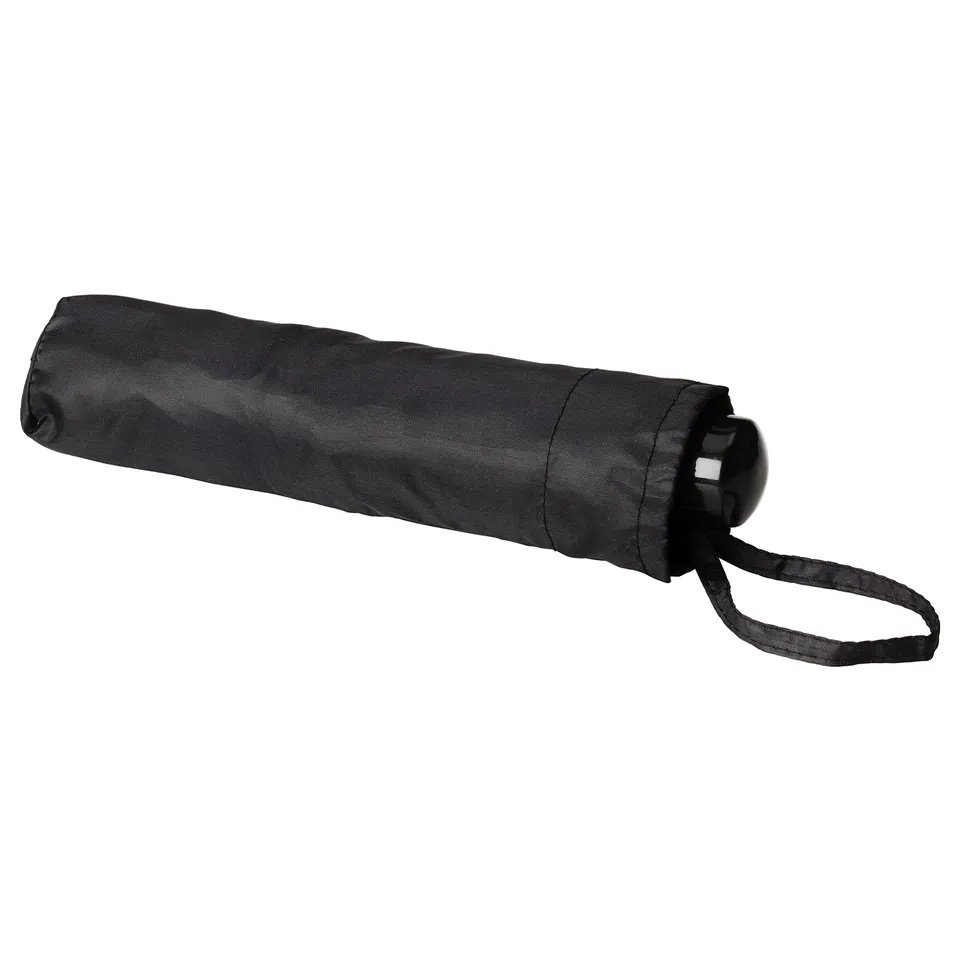 A black foldable umbrella with a wrist strap, stored in a protective cover for easy carrying and quick use in rainy weather.
