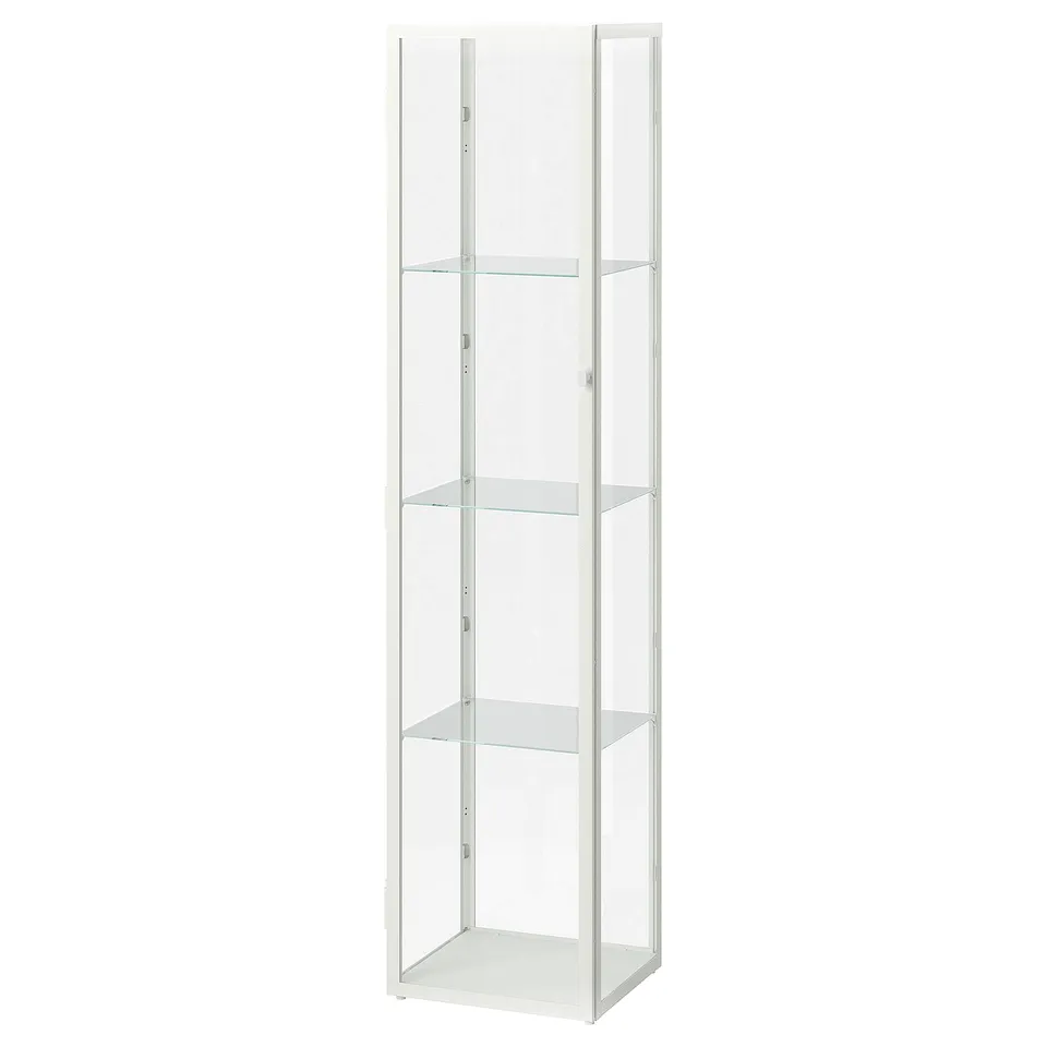 White BLÅLIDEN glass cabinet with 4 shelves, modern design, clear glass, steel frame.