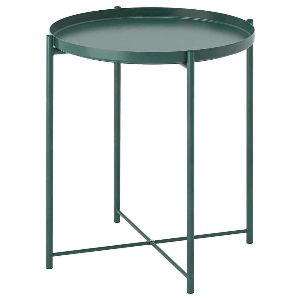 Green GLADOM round tray table with metallic legs.