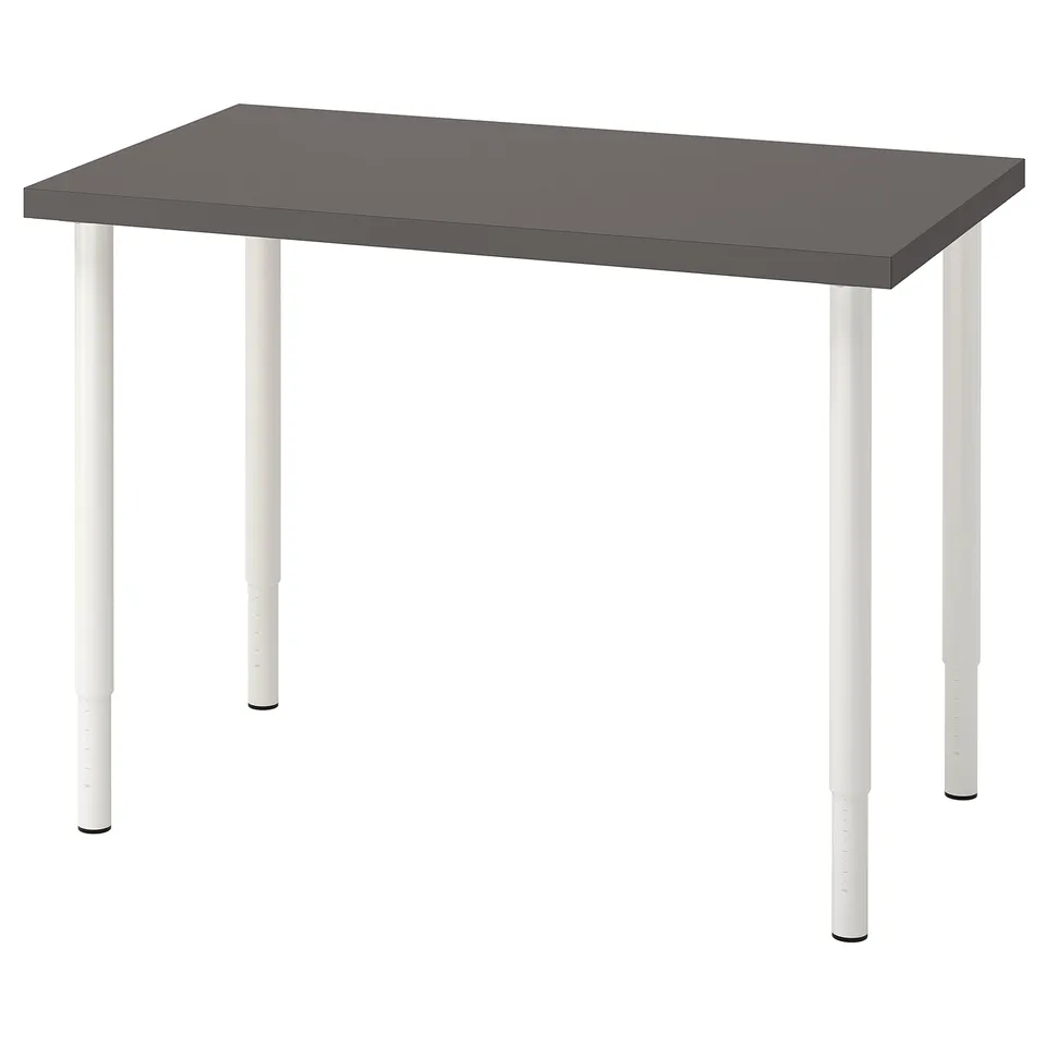 LINNMON desk, grey top white legs, adjustable height, minimalist design.