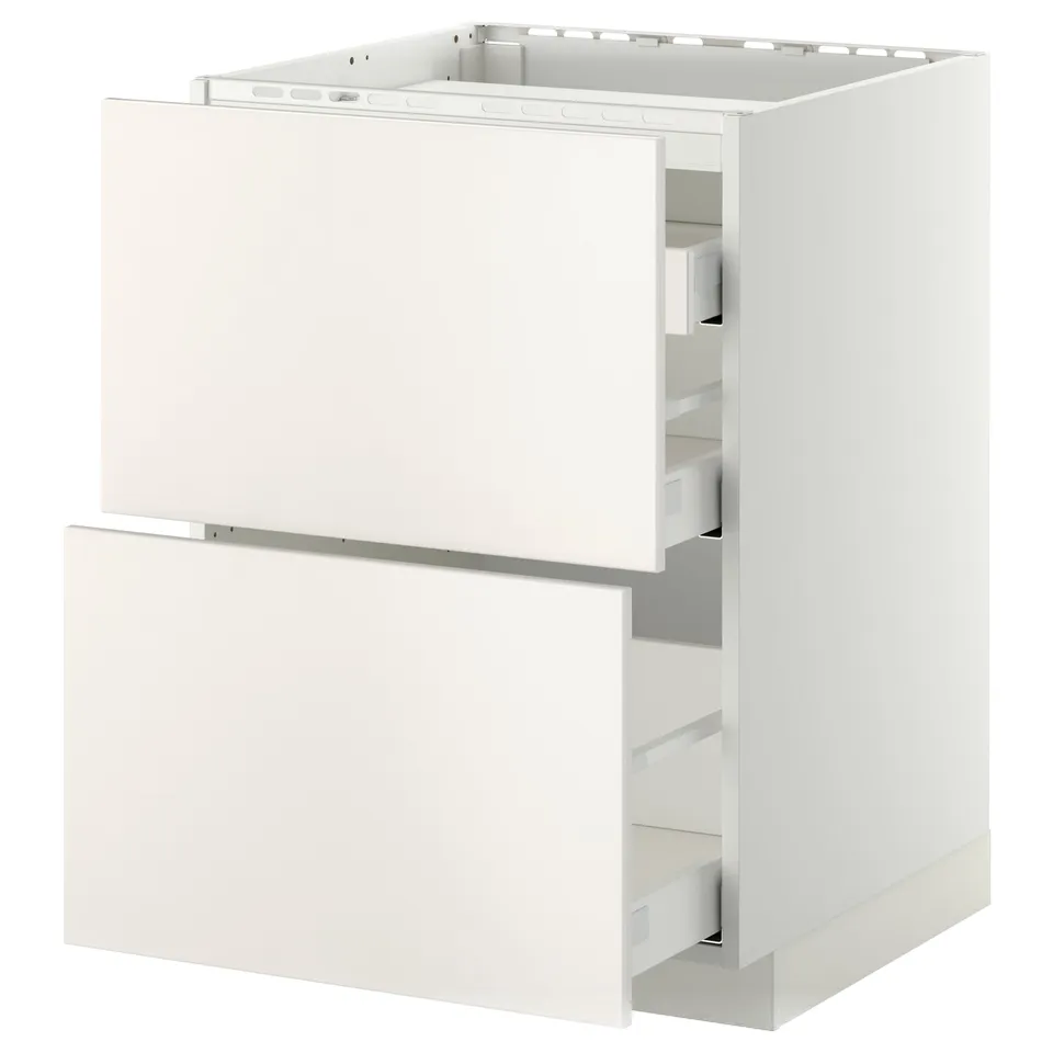 This is a white METOD kitchen cabinet with two drawers. Its modern, rectangular, and made of particleboard and fiberboard with a smooth finish.