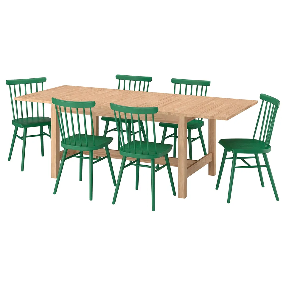 KARSKÄR / HÖGVED Table and 6 chairs, rubberwood/green, 160/220x90 cm