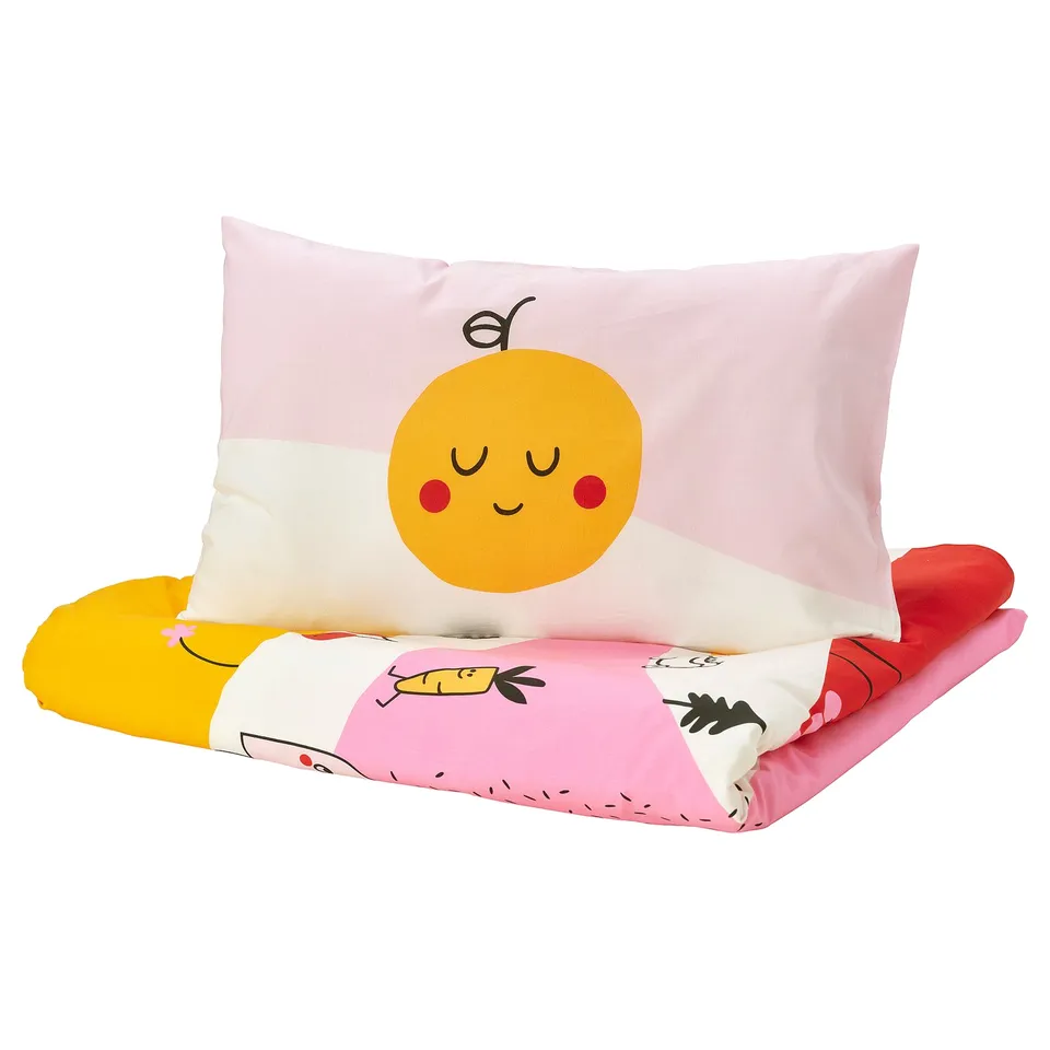 GRÖNFINK baby duvet set, pink & yellow characters, soft cotton-rayon, sun pillowcase.