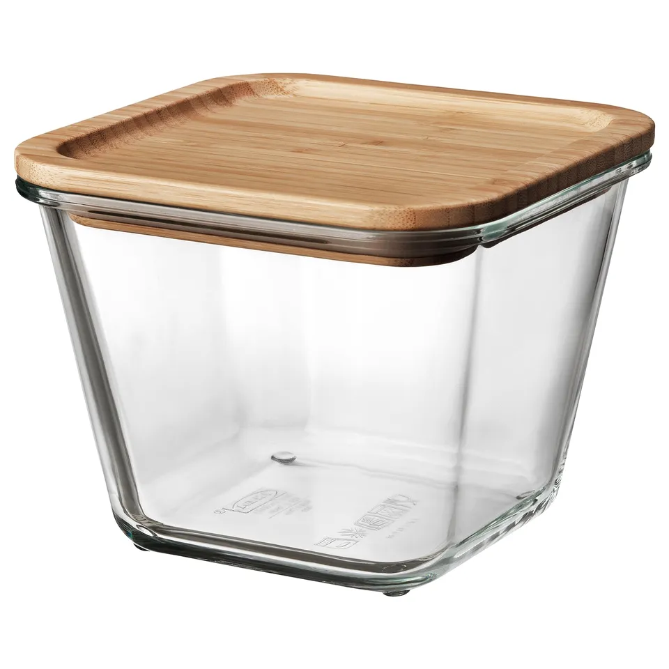 An IKEA 365+ glass container with a bamboo lid.