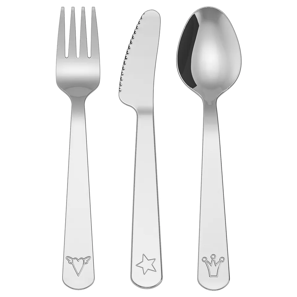 Three stainless steel kids utensils: fork, knife, and spoon, each with a unique engraving, arranged neatly.