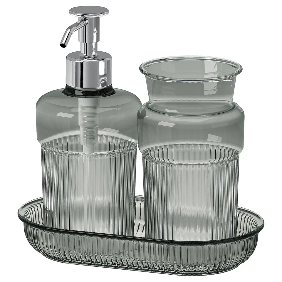 Grey BROFJÄRDEN bath set: dispenser, cup, tray with chrome pump