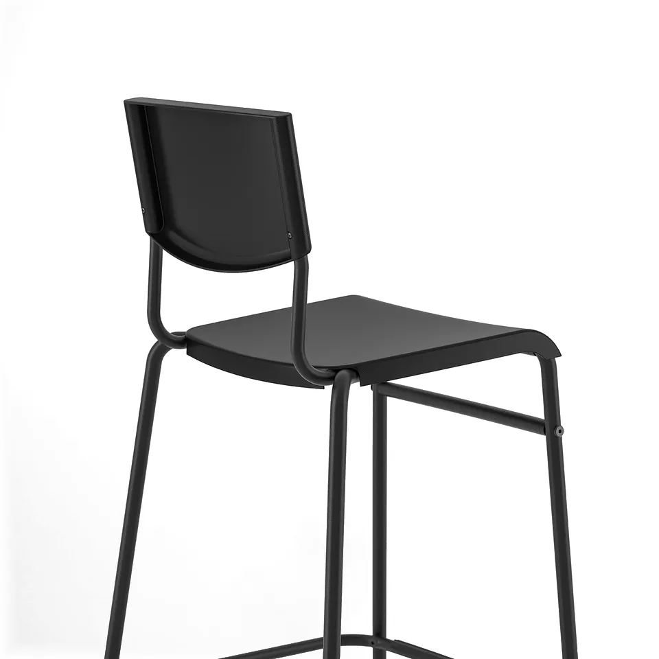 Black stool with metal frame and plastic seat, ideal for kitchens or bars. Stackable.