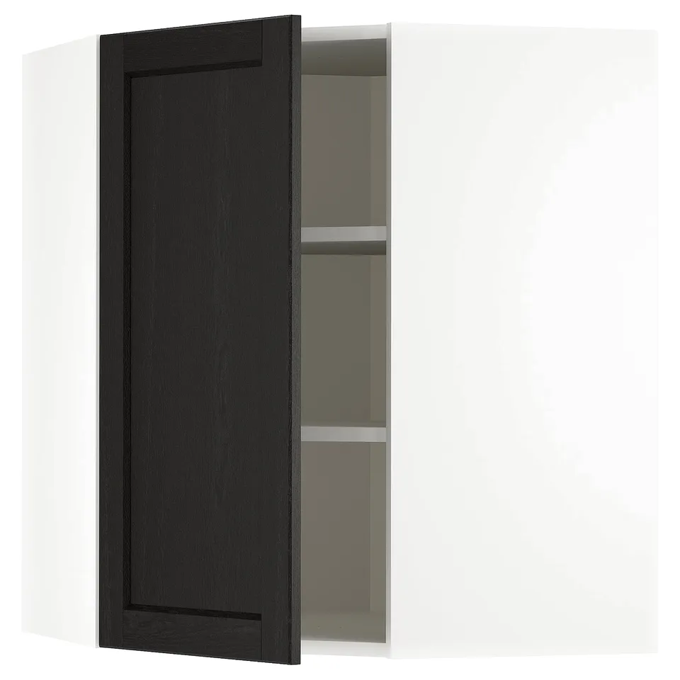 Black stained ash METOD kitchen cabinet with shelves.