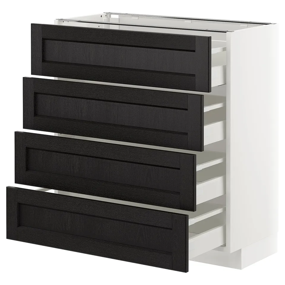 Modern kitchen cabinet with four black drawers and white frame, sleek and minimalist design.