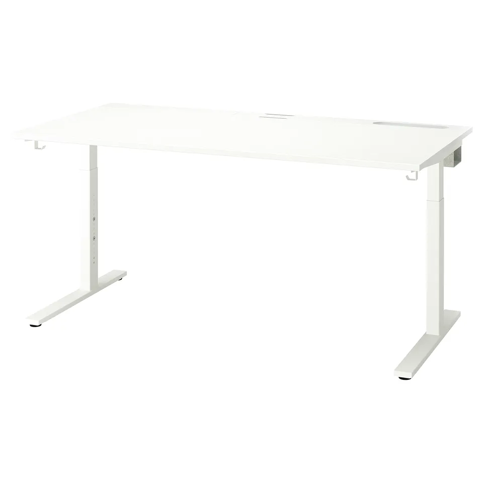 MITTZON: white adjustable desk with metal legs and hooks for cable management.