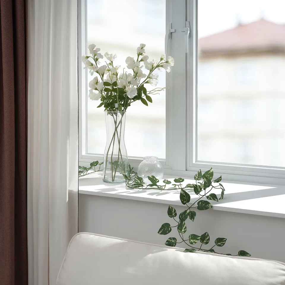 White flowers in vase, plant in sunlit window.
