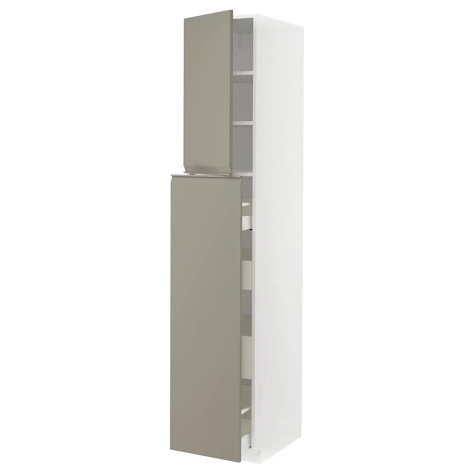 A tall, rectangular, beige-colored kitchen cabinet from the METOD system, featuring a modern design with integrated handles and a smooth finish.