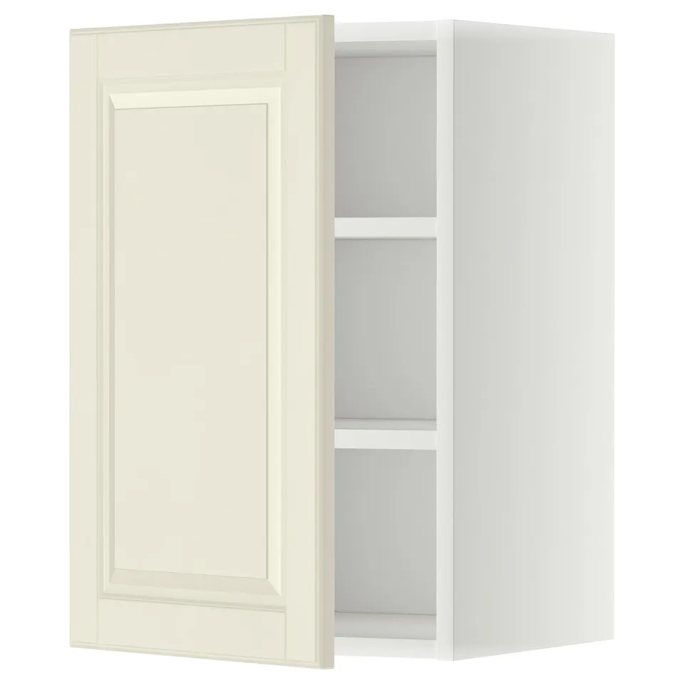 An off-white wall cabinet from the METOD kitchen system. It has a door with bevelled edges, adjustable shelves, and a rectangular shape.