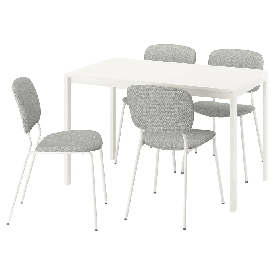 A white VIHALS dining set with four grey chairs and a square extendable table.