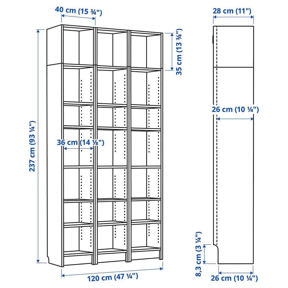 Illustration with measurements for the product: BILLY.