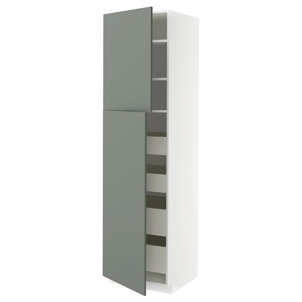 Modern kitchen cabinet in gray-green with multiple shelves and drawers.