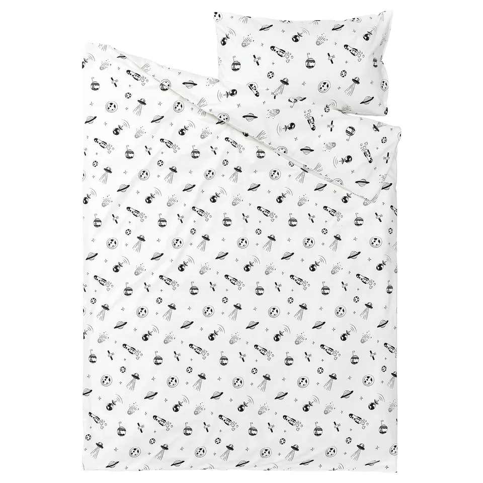 Black space-themed duvet and pillow set, 80% cotton.