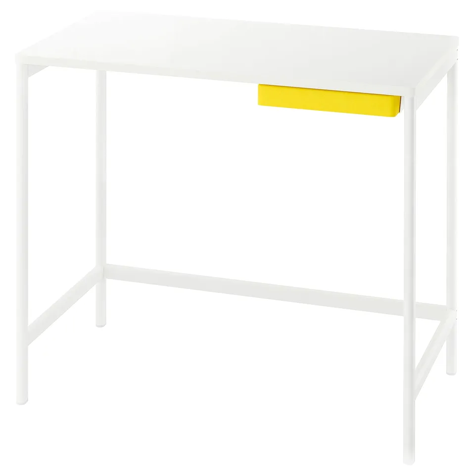 A white rectangular desk with thin metal legs, featuring a bright yellow handle on one side.