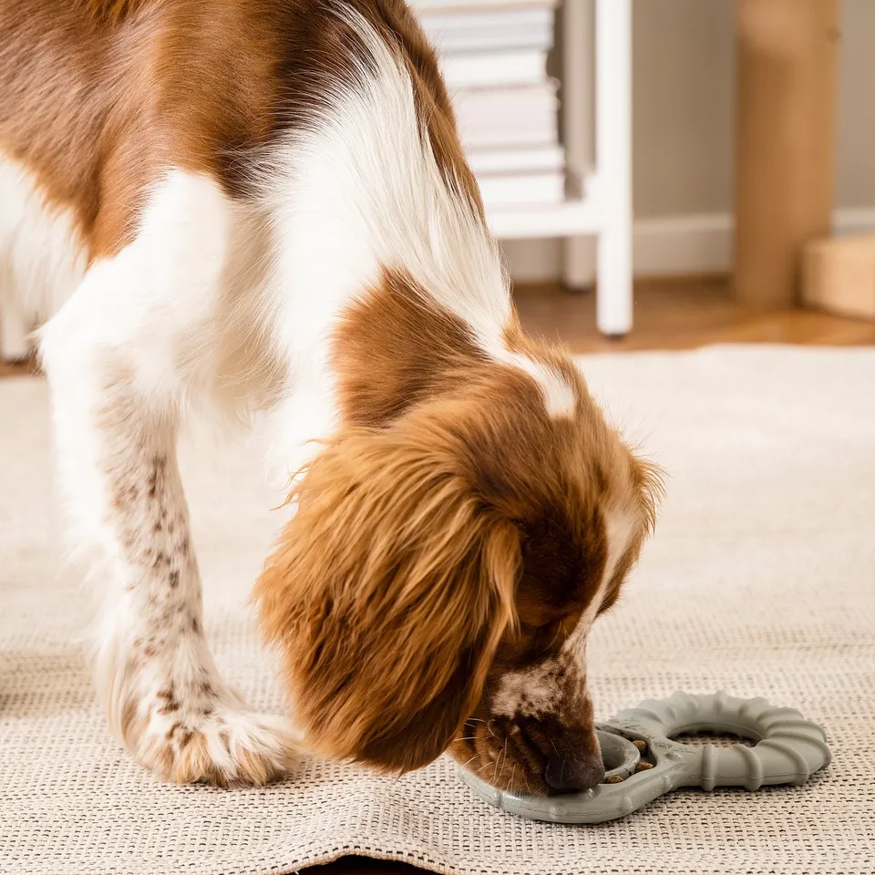 Dog plays with small grey UTSÅDD treat toy on rug.