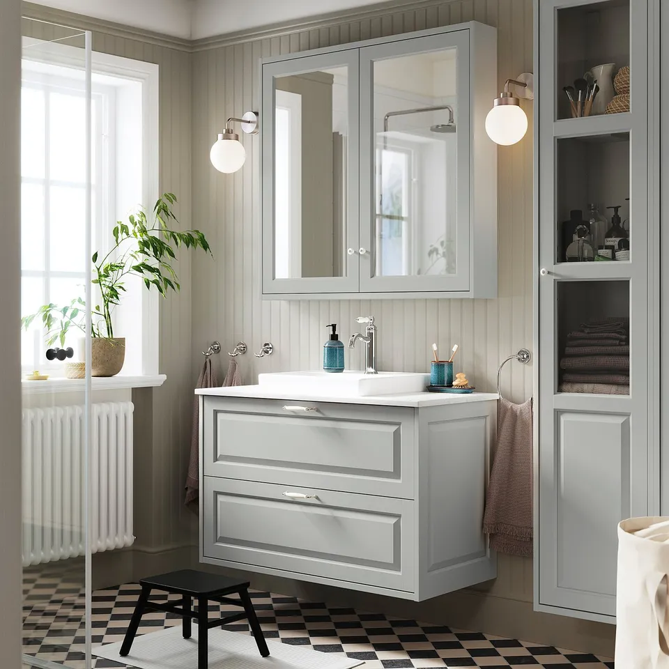 TÄNNFORSEN / ORRSJÖN Wash-stnd w drawers/wash-basin, light grey/white marble effect, 102x49x71 cm