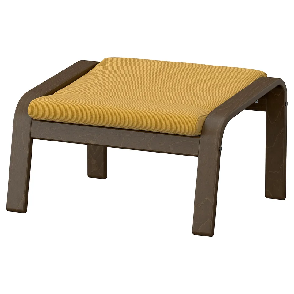 POÄNG footstool, beige, corduroy, wooden frame, curved legs.