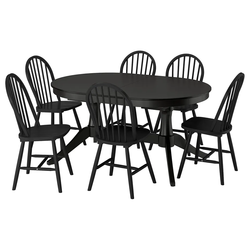ROSENTORP / SKOGSTA Table and 6 chairs, black/black, 160/215x110 cm