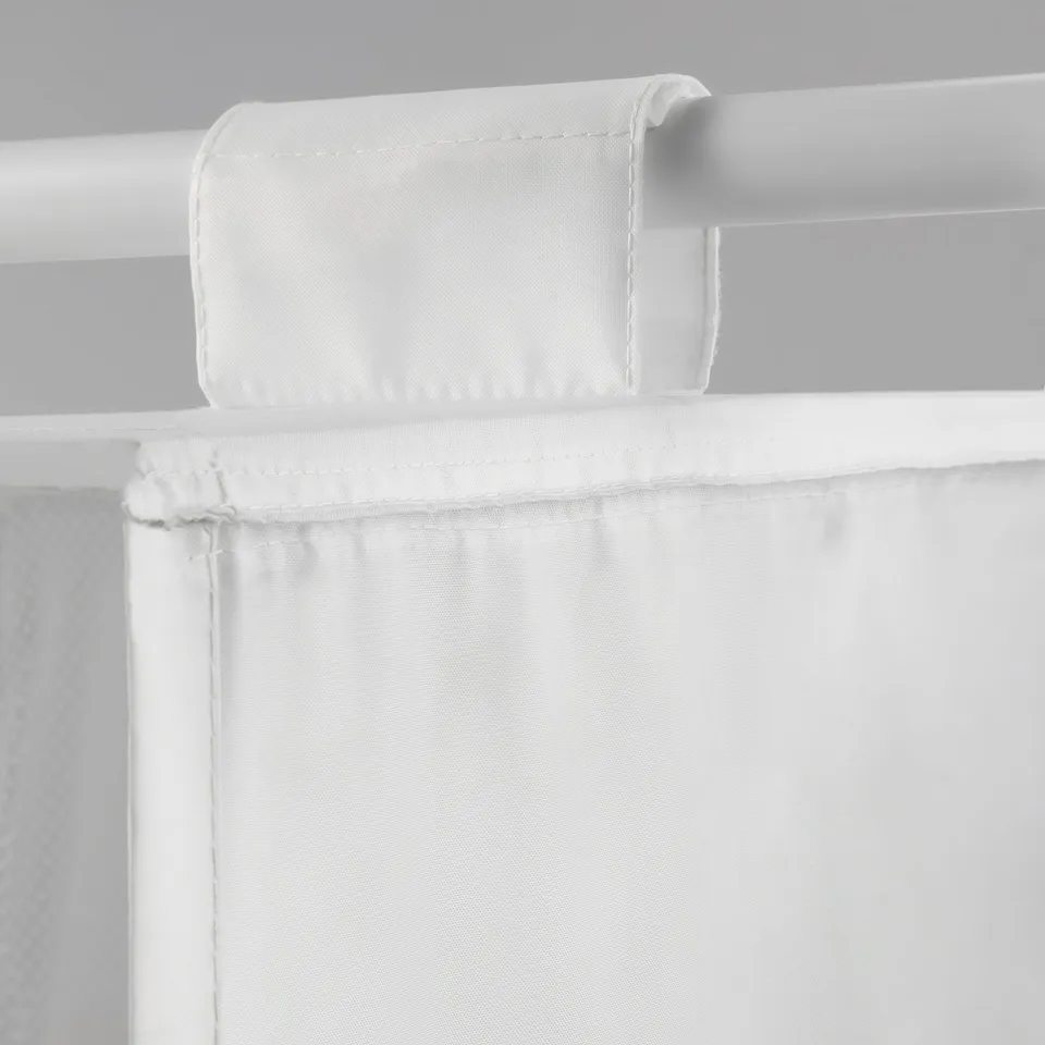 White fabric shelf with sturdy hook and loop fastener.