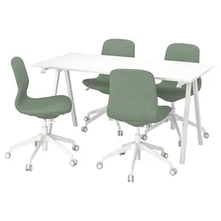 TROTTEN / LÅNGFJÄLL conference table and chairs, white/green-grey, Length 160 x Width 80 x Height 75 cm