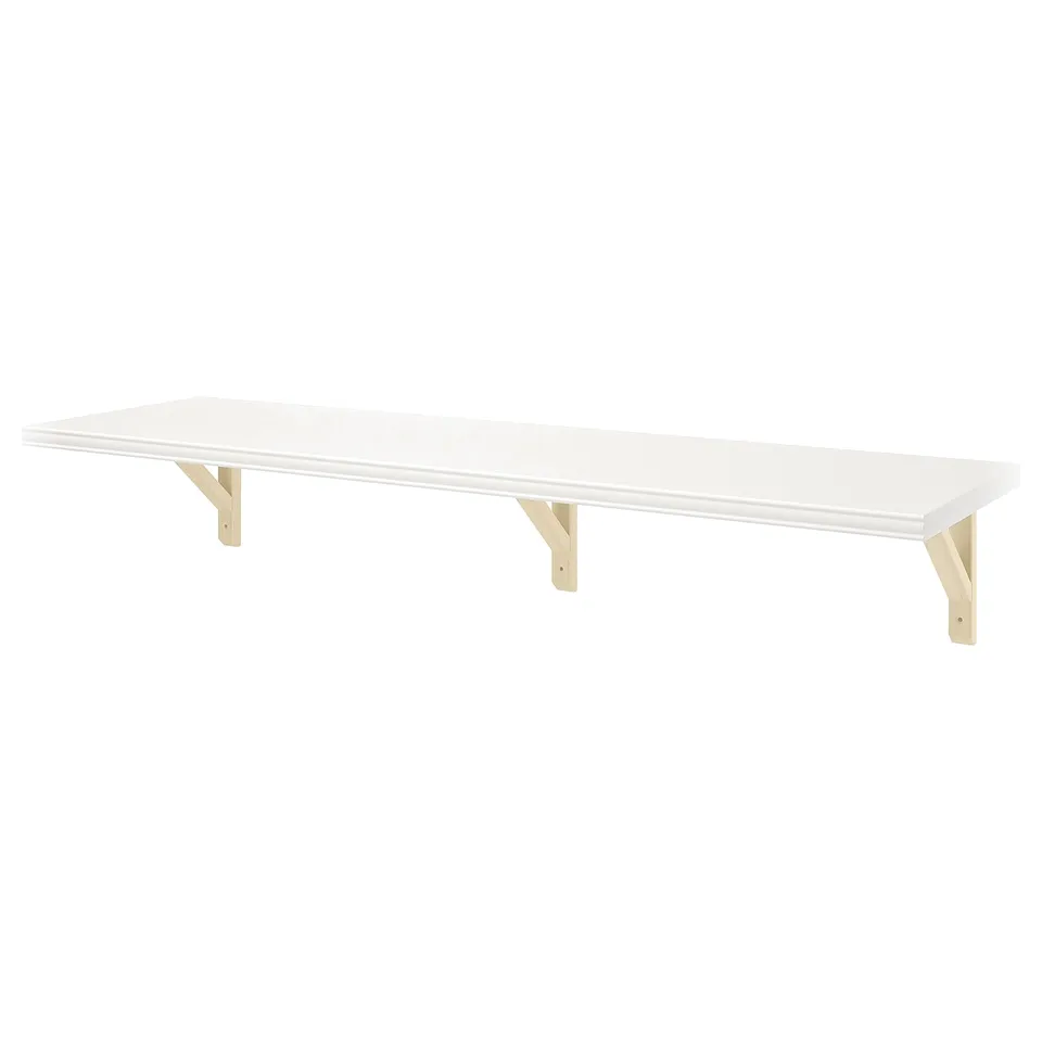 BERGSHULT white wall shelf, bevelled & smooth edges, aspen & plastic brackets.