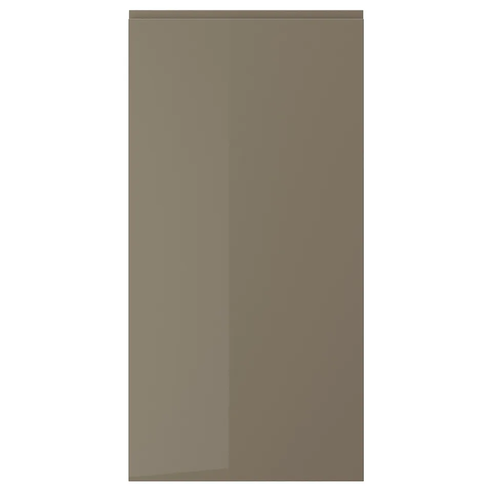 A modern VOXTORP door in dark grey-brown with a glossy finish, featuring a sleek, integrated handle and a rectangular design.