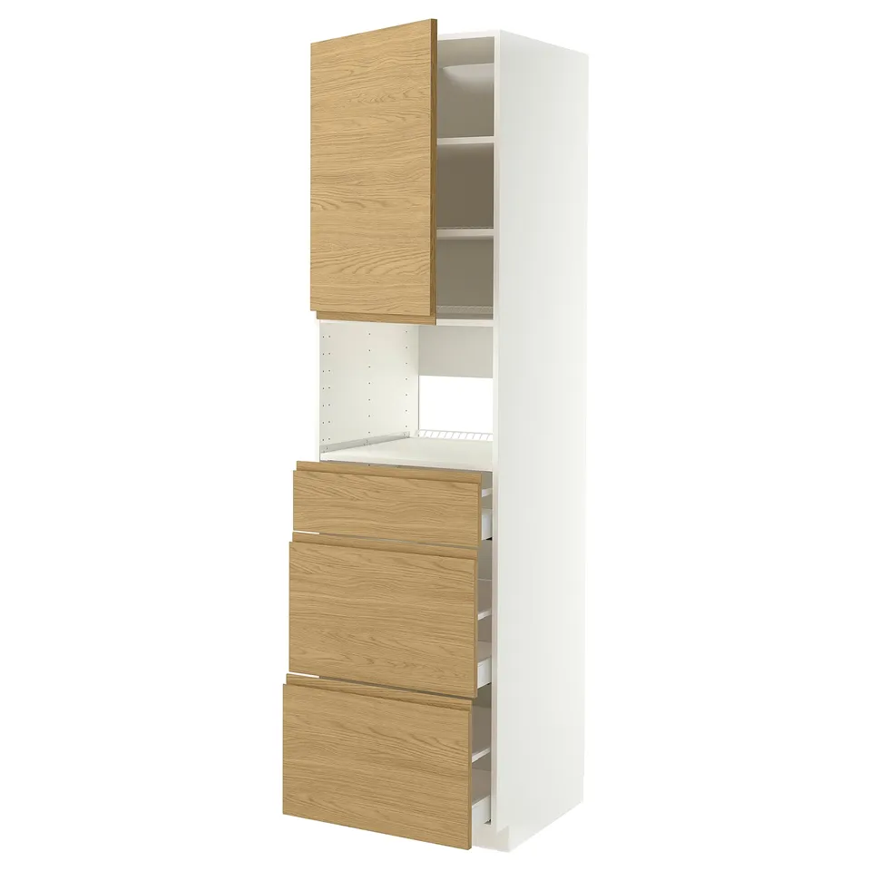 A METOD kitchen unit with oak-colored voxtorp fronts, featuring a door and three drawers. It is slim and tall, suited for kitchen storage.