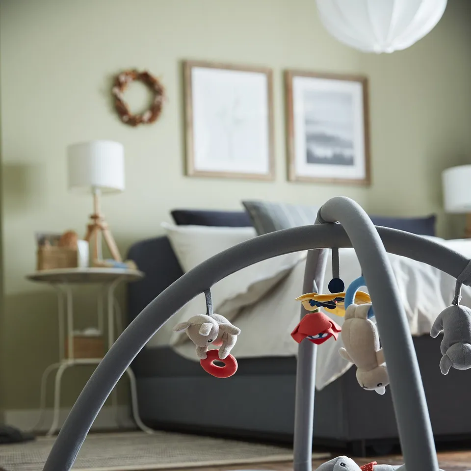 Baby play mat, grey, with arches, hanging toys, mirror, soft mat.