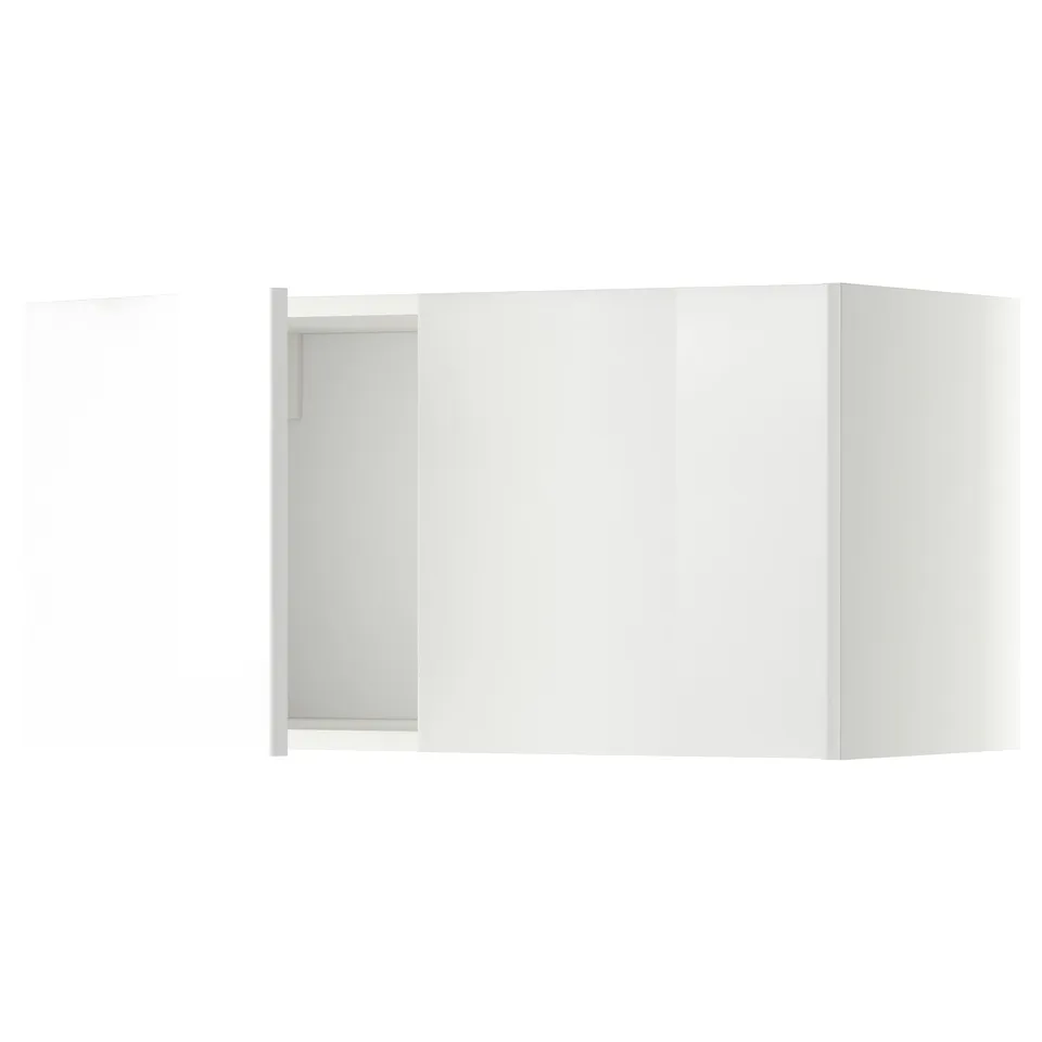 A modern white wall cabinet from the METOD kitchen system. It has a sleek, glossy finish and square edges, perfect for a contemporary kitchen.