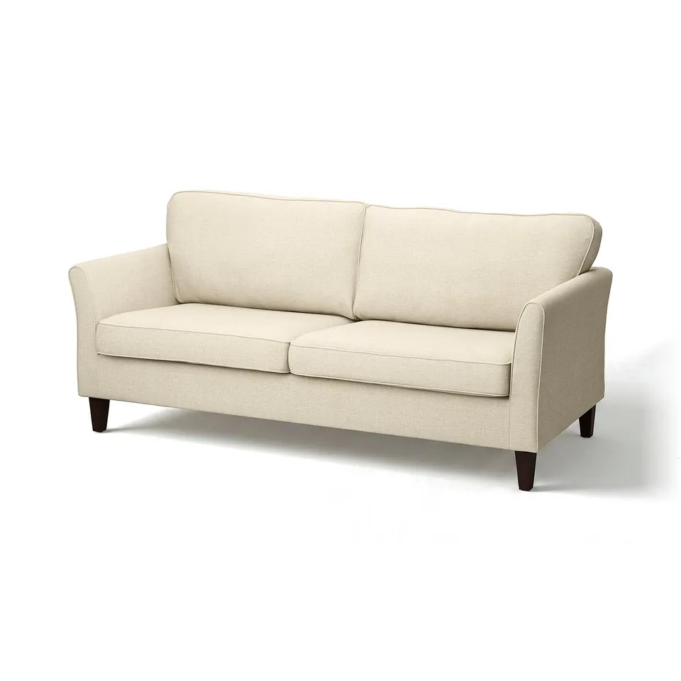 EKHOLMA beige sofa, modern design, upholstered in soft recycled polyester, light grey, sleek lines, comfy cushions.