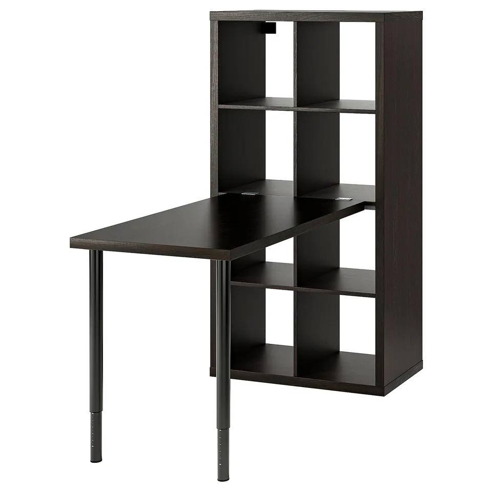 An ikea KALLAX storage unit, black, with a slanted table top attached, ideal for workspaces.