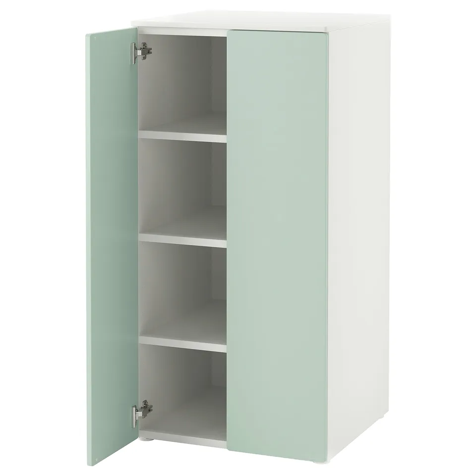 Ikea SMÅSTAD light green 2-door cabinet with 3 shelves, white frame.
