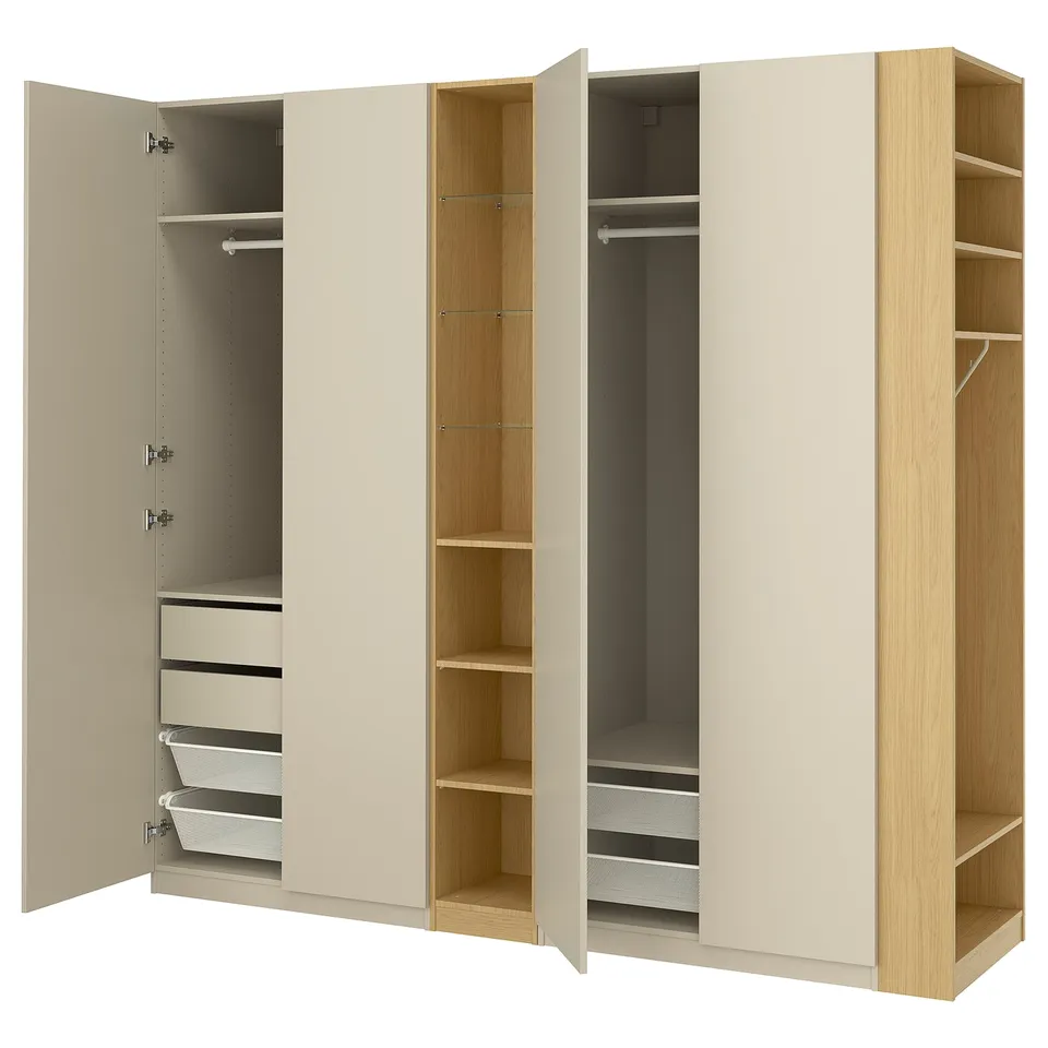 PAX / FORSAND Wardrobe combination, grey-beige grey-beige/oak effect, 255x60x236 cm