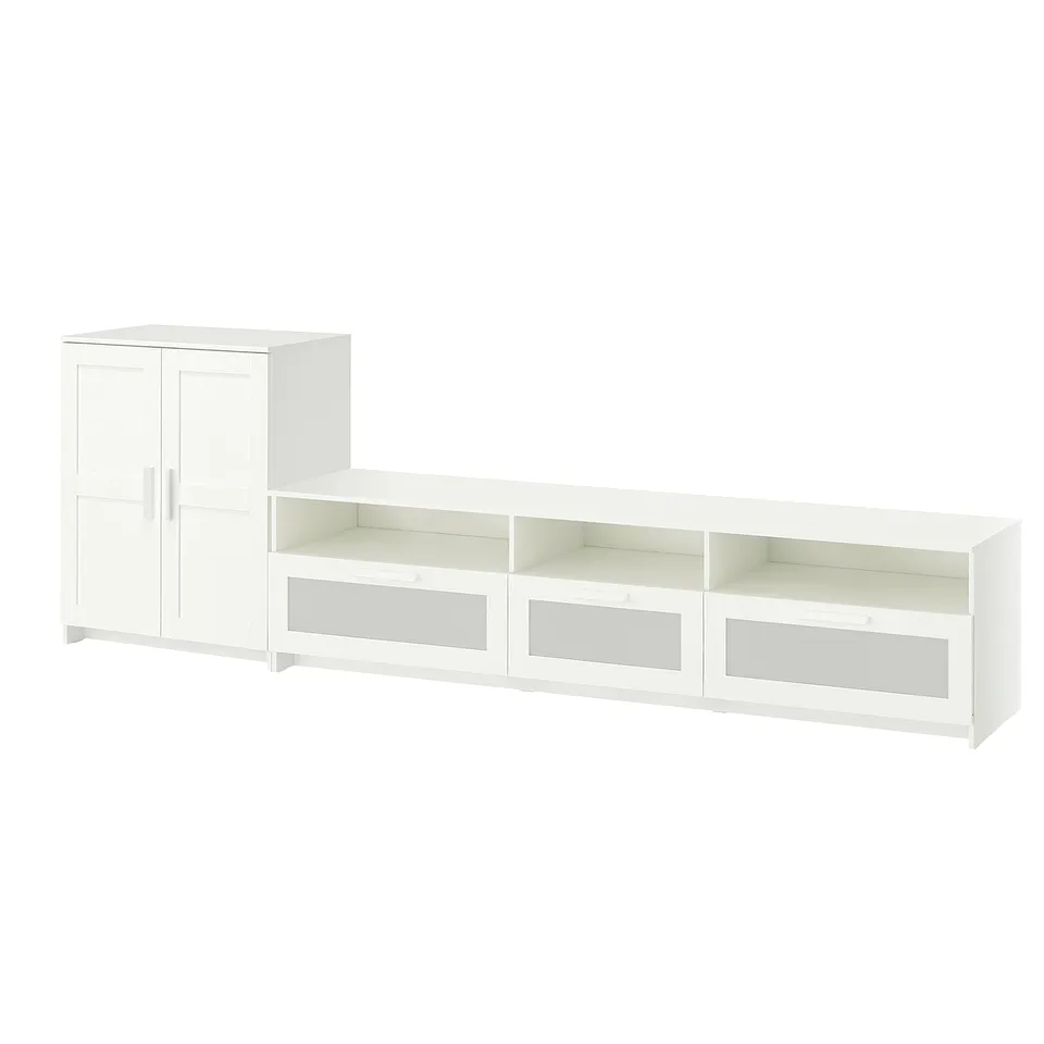 A white BRIMNES collection including a cabinet with doors and an open tv bench with shelves and glass drawers.