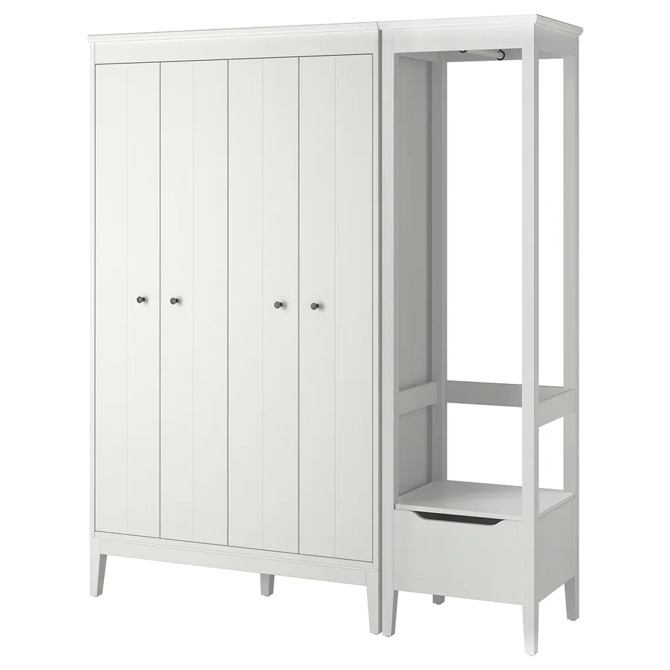 White IDANÄS wardrobe set with bifold doors and adjustable shelves for storage.