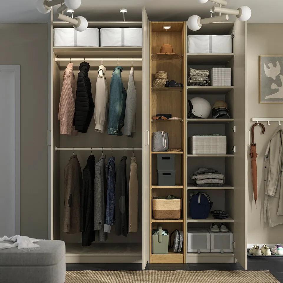PAX / FORSAND Wardrobe combination, grey-beige grey-beige/oak effect, 185x60x236 cm