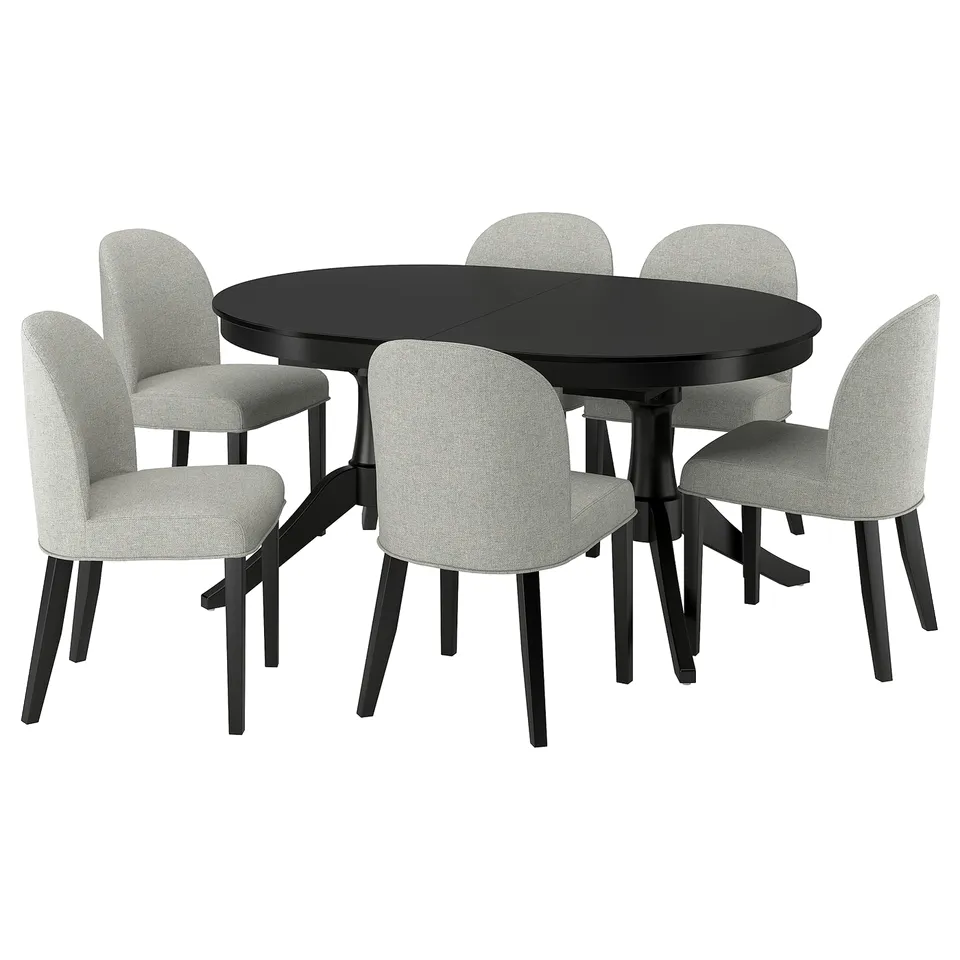 ROSENTORP dining set: black oval table, 4 grey chairs, wooden legs.