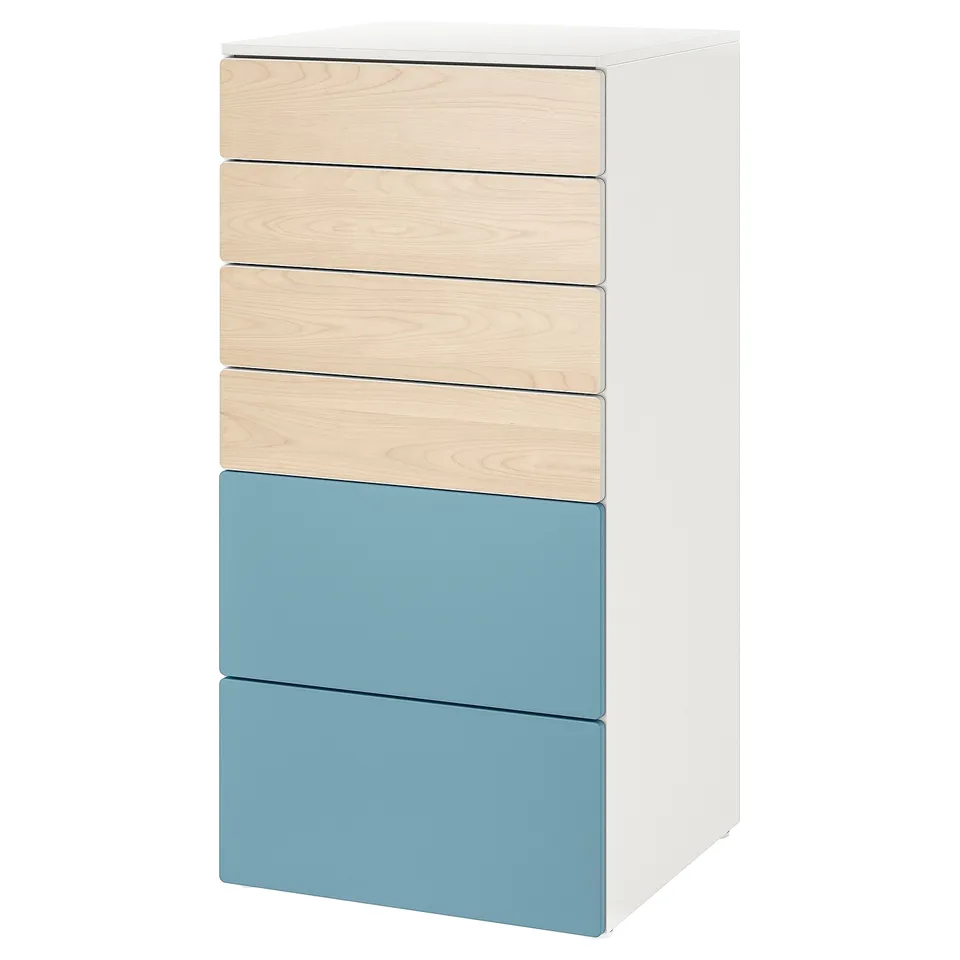 SMÅSTAD chest: light wood & blue drawers, white frame; square, sleek design.